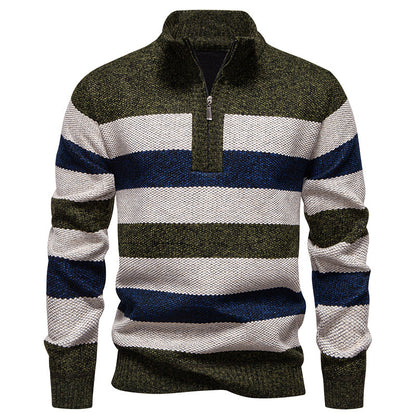 Fashionable knitted pullover for men with half-zip closure and striped pattern Chic und Stil