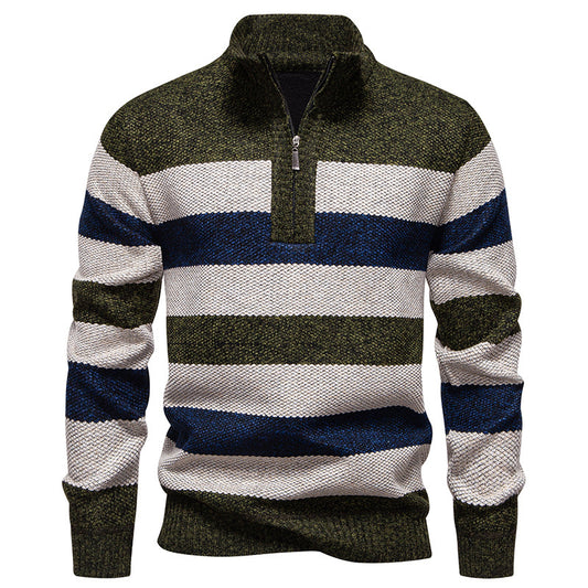 Fashionable knitted pullover for men with half-zip closure and striped pattern Chic und Stil