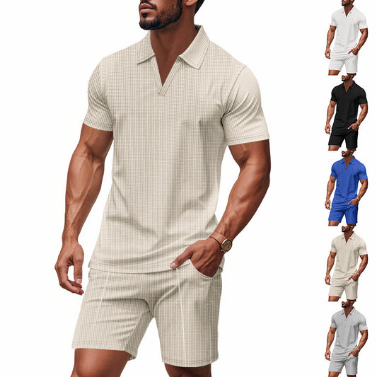 Ensemble polo pour hommes et shorts avec col en V à la mode Chic und Stil