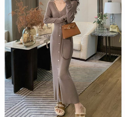 Dames Élégant Maxi Robe avec Détails de Bouton et Décolleté en V Chic und Stil