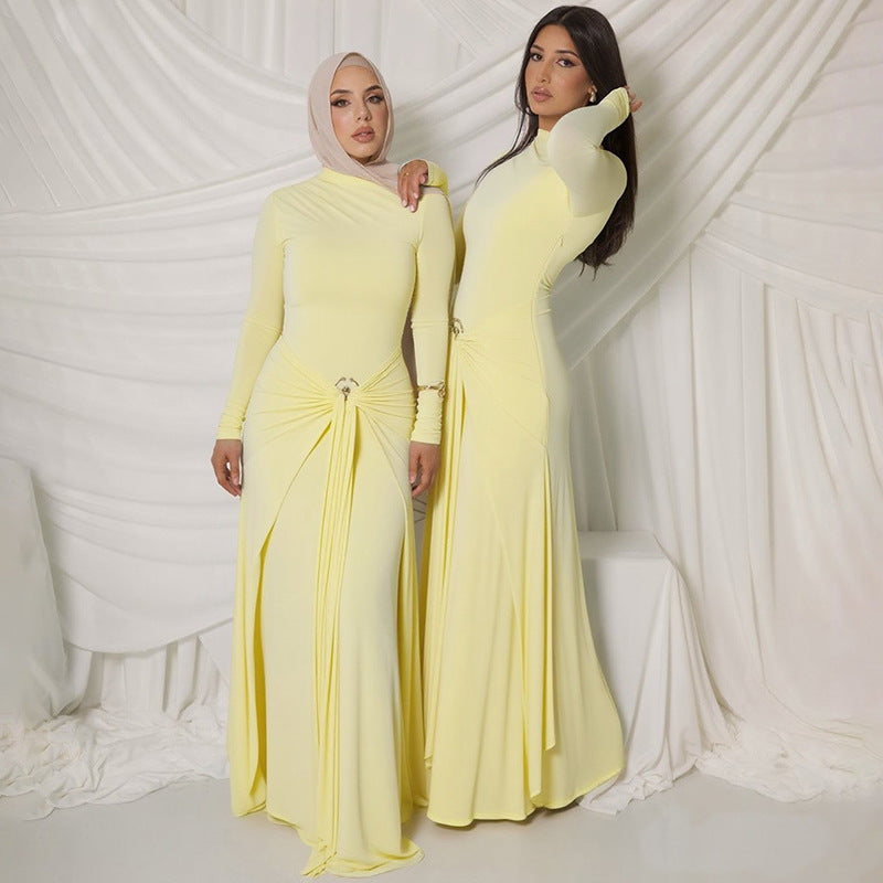 Dames Élégante Robe Maxi avec Détails Drapés et Manche Longue Chic und Stil