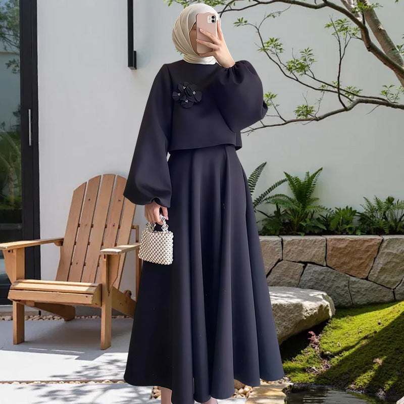 Dames Élégante Robe Maxi avec Manches Bouffantes et Détail Floral Décoratif Chic und Stil