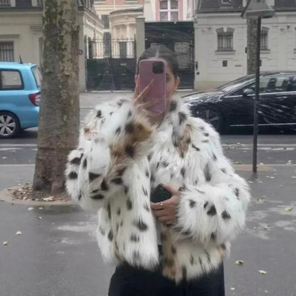 Ladies Leopard Print Plush Faux Fur Jacket Chic and Style