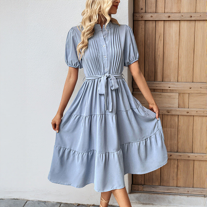 Femme Robe Midi Plissée avec Ceinture Taille Chic und Stil