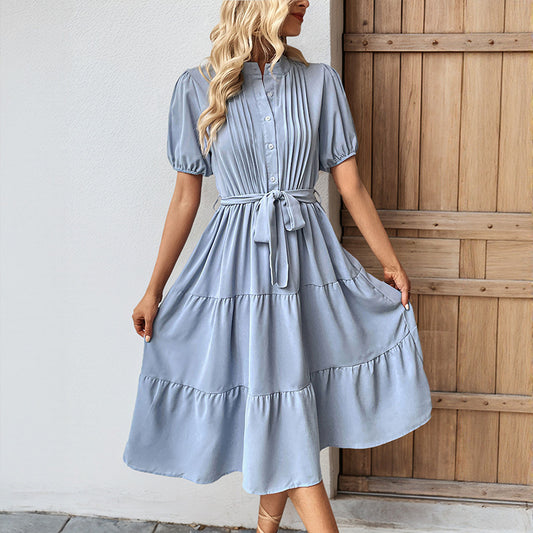 Femme Robe Midi Plissée avec Ceinture Taille Chic und Stil