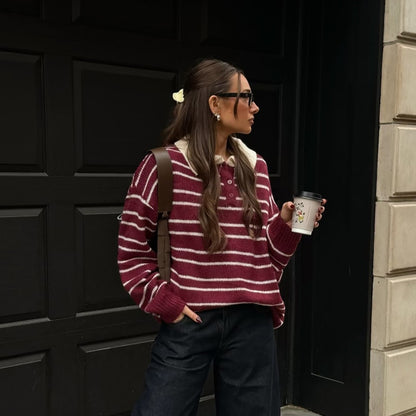 Ladies oversized casual pullover with shawl collar and stripes Chic und Stil