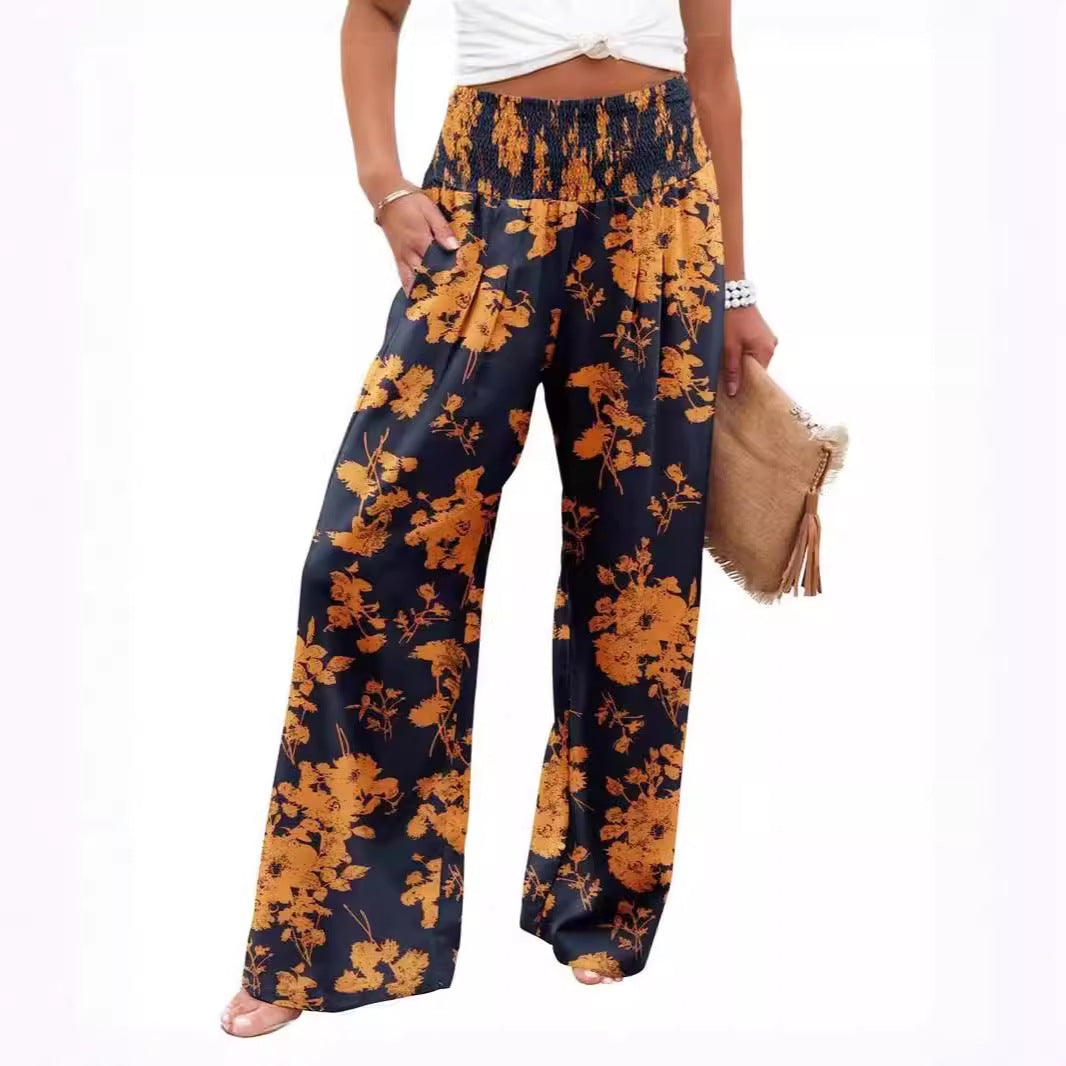 Chic and Style Women's Palazzo Pants with Elastic Waist and Floral Pattern
