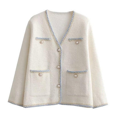 Cardigan élégant en tricot pour femmes avec des boutons décoratifs en perles et des poches pratiques Chic und Stil