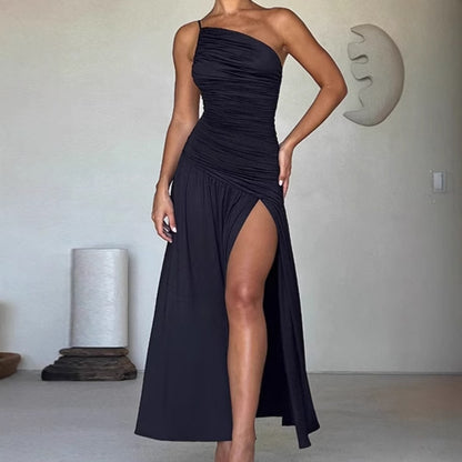 Dames Élégant Robe Maxi avec design sans épaules et fente haute Chic und Stil