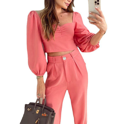 Chic and Style fashionable women's set with puff sleeves and high-waisted pants