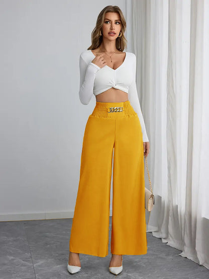 High-waisted wide-leg pants for women with decorative elastic and a trendy belt Chic and Style