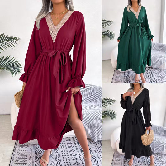 Ladies Elegant V-Neck Maxi Dress with Ruffled Hem Chic and Style