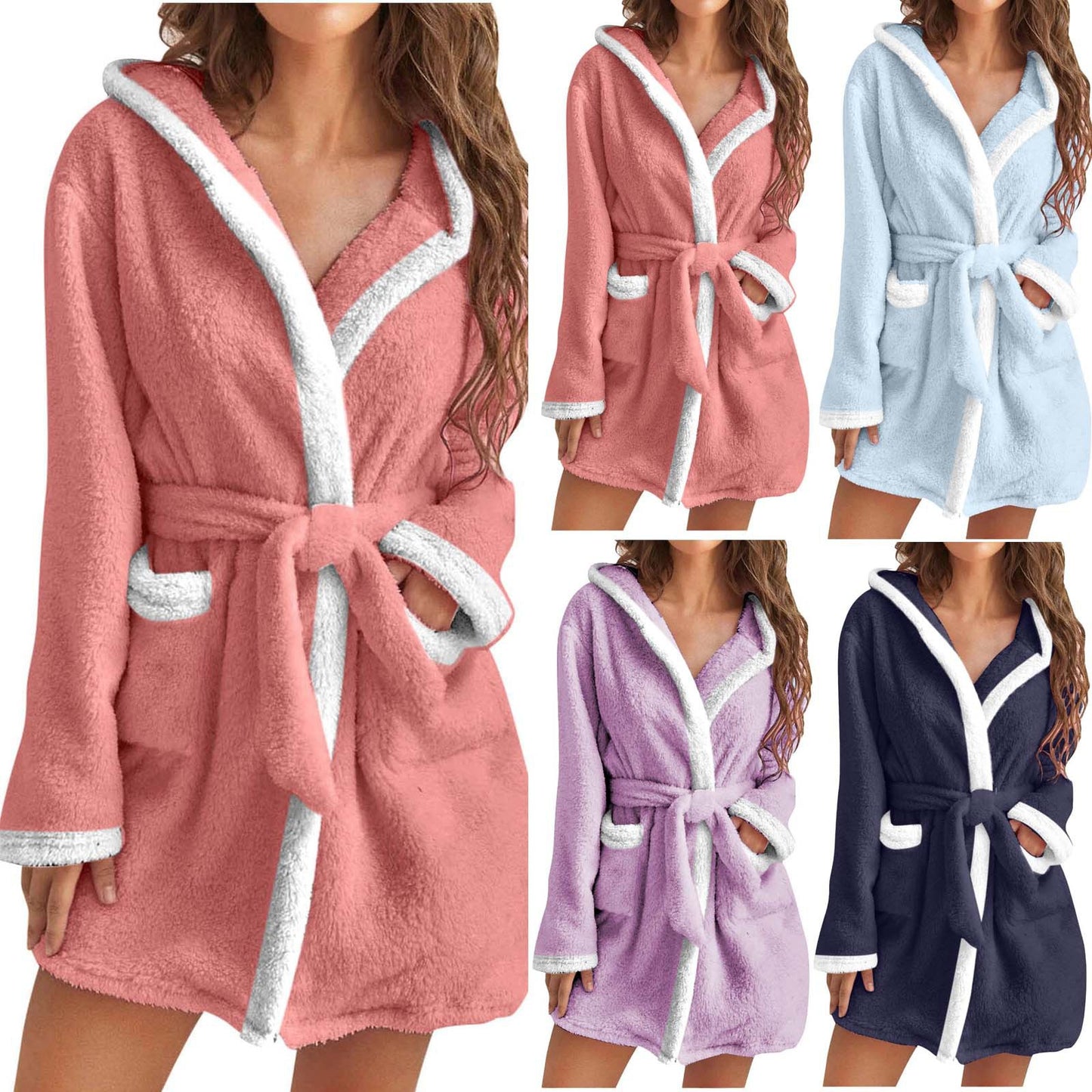 Ladies cozy fleece bathrobe with hood and pockets Chic und Stil