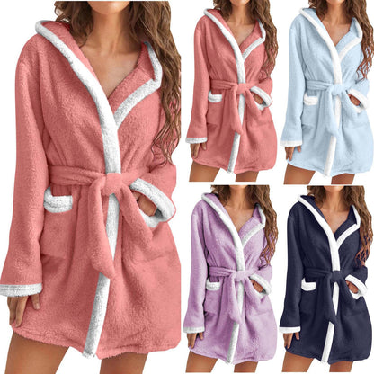 Ladies cozy fleece bathrobe with hood and pockets Chic und Stil
