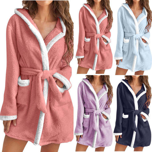 Ladies cozy fleece bathrobe with hood and pockets Chic und Stil