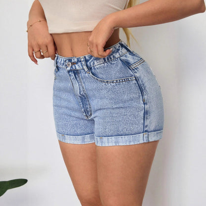 Shorts en jean taille haute pour femmes avec ourlet retourné à la mode Chic und Stil