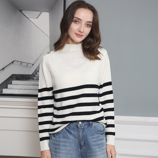 Pull en tricot à la mode pour femmes avec motif rayé et détails de boutons Chic und Stil