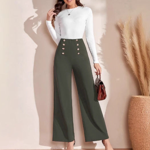 High-waisted wide-leg pants for women with decorative buttons Chic and Style