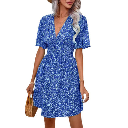 Women's Snowflake Pattern V-Neck Dress with Voluminous Sleeves and Elastic Waistband Chic und Stil