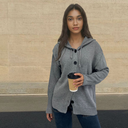 Cardigan en tricot décontracté pour femmes avec capuche et grands boutons Chic und Stil
