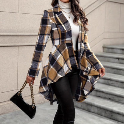 Women Elegant and Flowing Plaid Jacket with Asymmetrical Hem Chic and Style