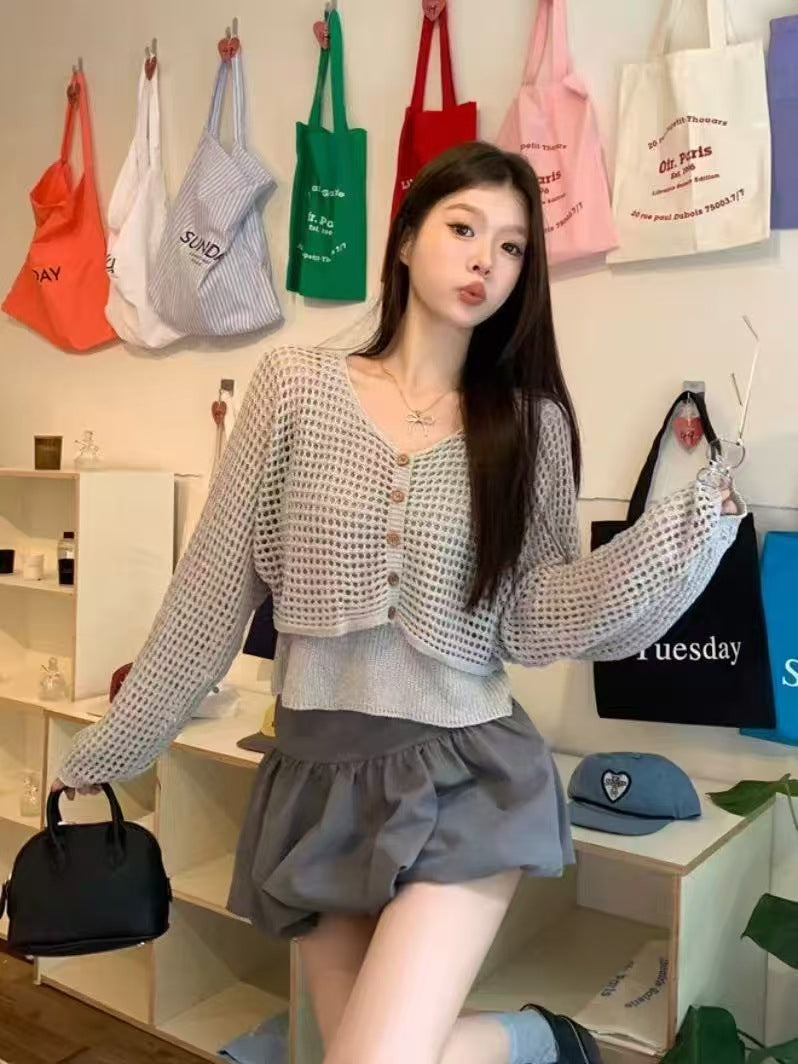 Dames cardigan décontracté en tricot avec motif en filet et fermeture à bouton Chic und Stil