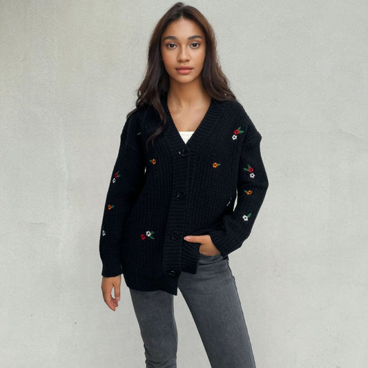 Dames Gros-Tricot Cardigan avec motif floral 3D et coupe confortable Chic und Stil