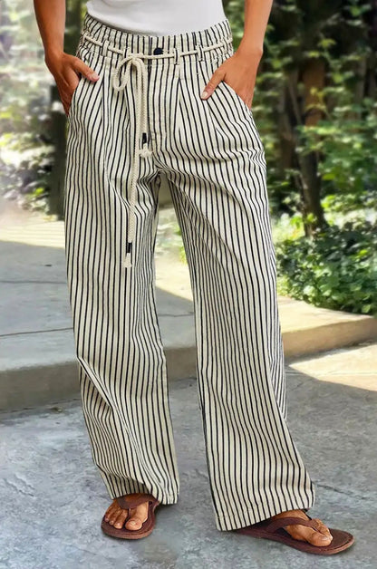 Casual wide striped pants for women with elastic waistband and tie belt Chic and Style