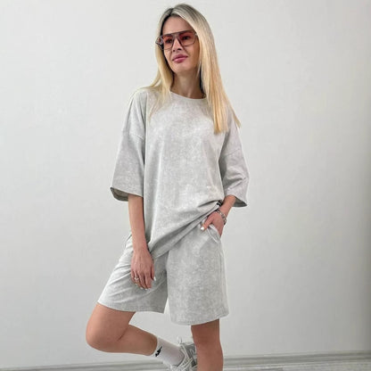 Dames ensemble décontracté à manches courtes en matériau doux avec shorts confortables Chic und Stil