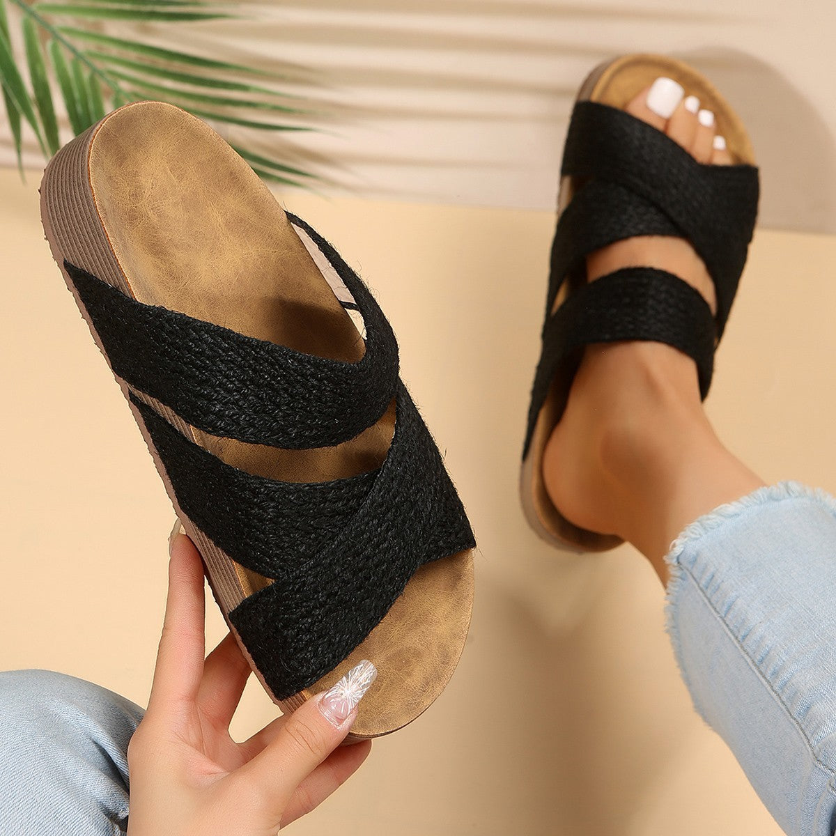 Ladies Comfortable Wedge Slippers with Elegant Woven Elements Chic and Style