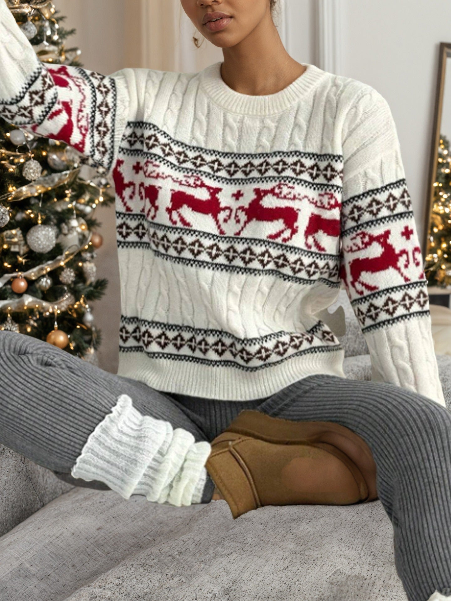Pull en tricot pour femmes avec motif de renne festif et motif en torsades luxueux Chic und Stil