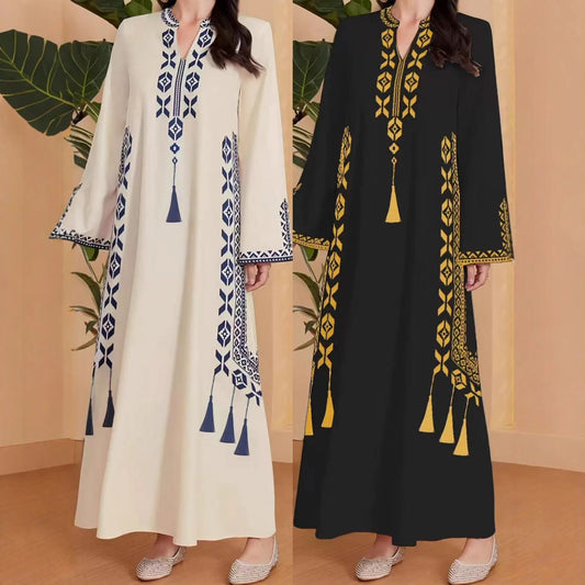 Robe caftan pour femmes avec un design brodé artistique et un élégant décolleté en V Chic und Stil