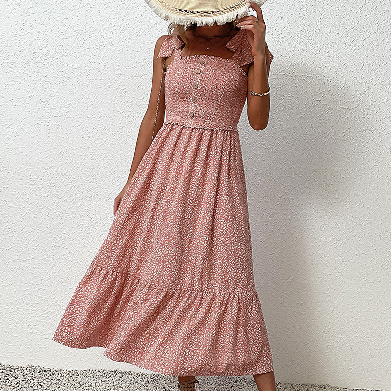 Femme Détails Volants Robe Maxi Florale d'Été avec Effet Bouton Chic und Stil