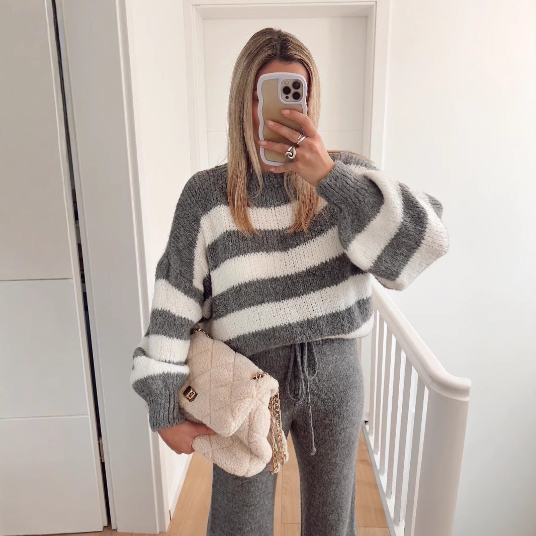 Pull cropped à la mode pour femme avec un motif rayé unique et des manches larges Chic und Stil