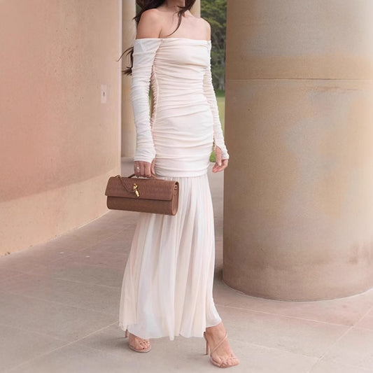 Dames Robe Maxi Élégant Off-Shoulder avec Design Cintré et Jupe Fluide Chic und Stil