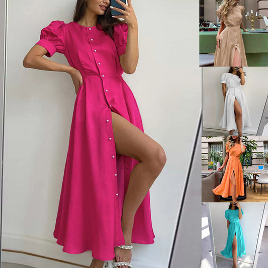 Robe maxi femme avec boutonnage, manches bouffantes et fente latérale Chic und Stil