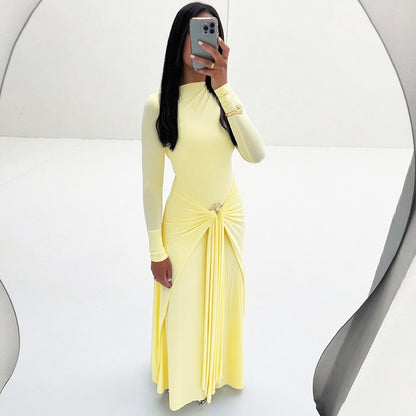 Dames Élégante Robe Maxi avec Détails Drapés et Manche Longue Chic und Stil