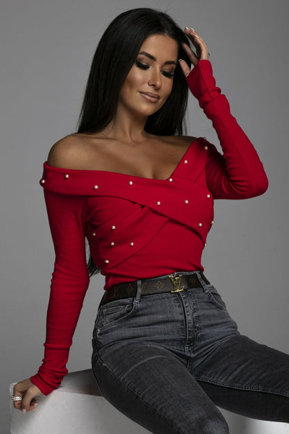 Dames haut off-épaule avec embellissement en perles et design drapé raffiné Chic und Stil