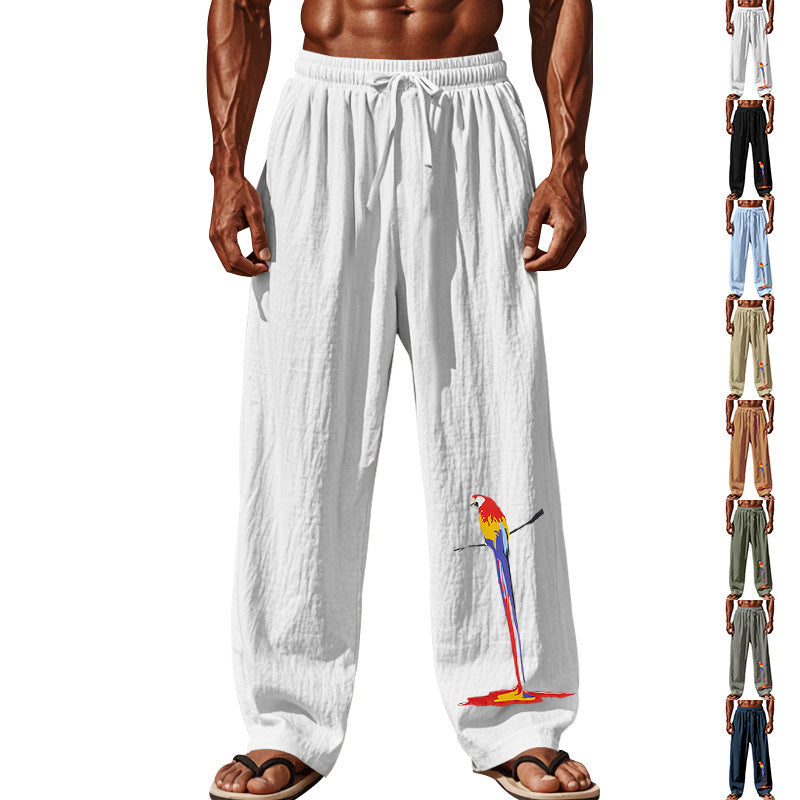 Casual beach pants for men with elastic waistband and colorful bird pattern Chic and Style