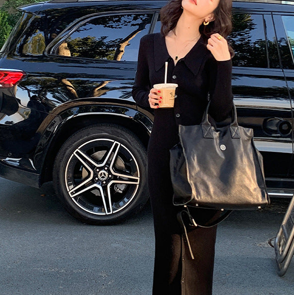Robe maxi tricot pour femmes avec fermeture à boutons et col à la mode Chic und Stil