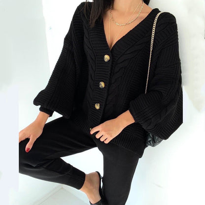 Dames gros tricot cardigan avec décolleté en V et boutons Chic und Stil