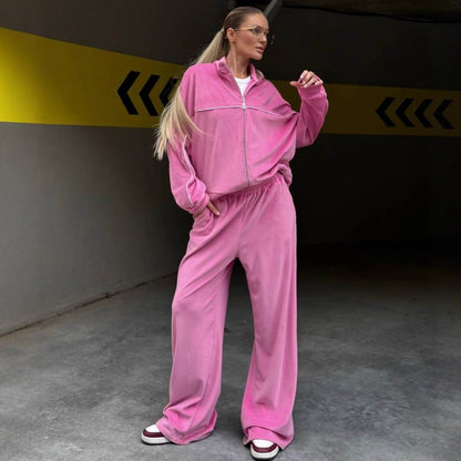 Chic and Style women's sporty velour lounge set with full zip and wide pants