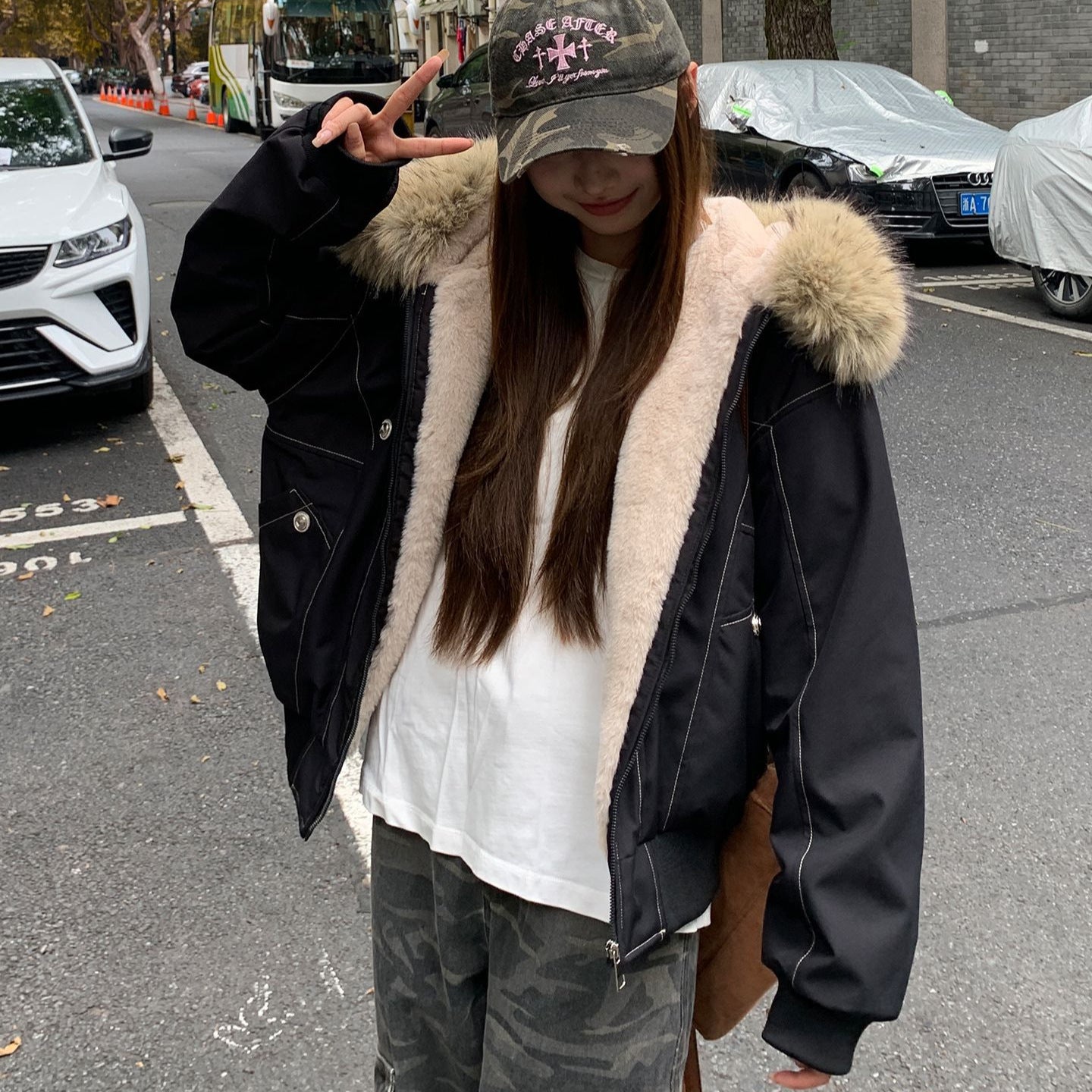 Dames d'hiver rembourrée avec col en fausse fourrure amovible et grandes poches Chic und Stil