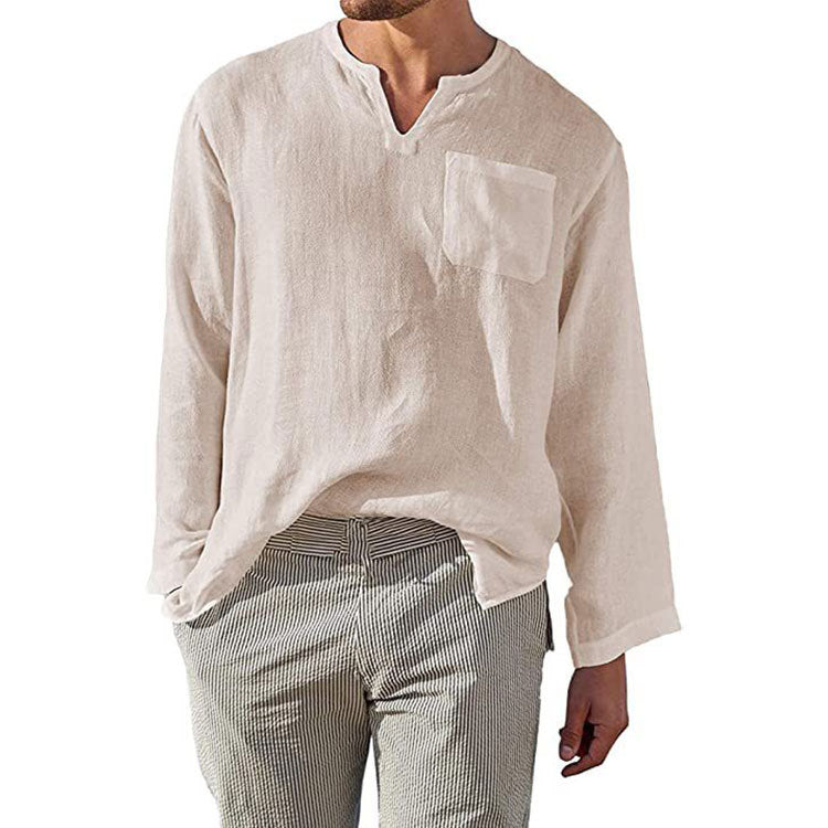 Chemise en lin pour hommes à manches longues avec col Henley et poche poitrine Chic und Stil