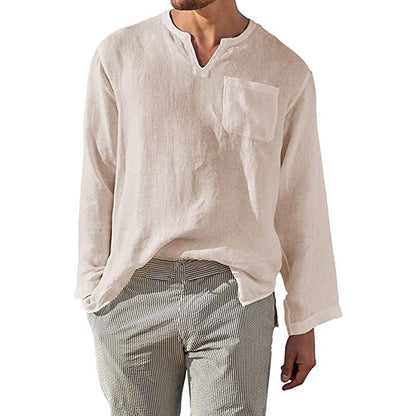 Chemise en lin pour hommes à manches longues avec col Henley et poche poitrine Chic und Stil