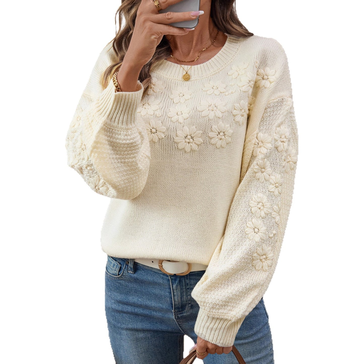 Pull femme à la mode avec broderies florales et manches structurées Chic und Stil