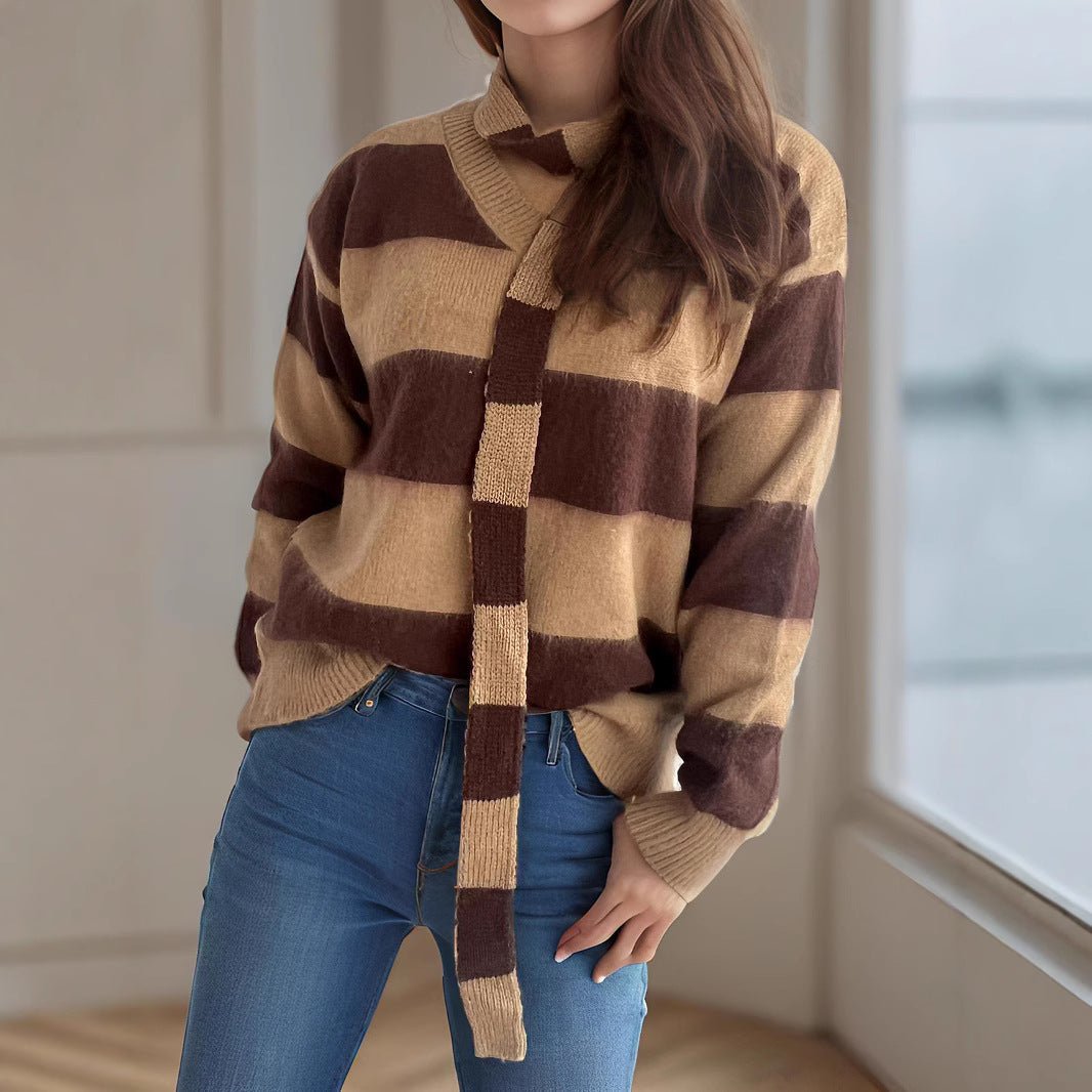 Pull-over en tricot décontracté pour femmes avec motif à rayures moderne et écharpe décorative Chic und Stil