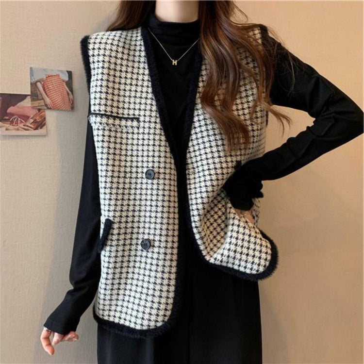 Dames élégant gilet en tricot à motif à carreaux Chic und Stil
