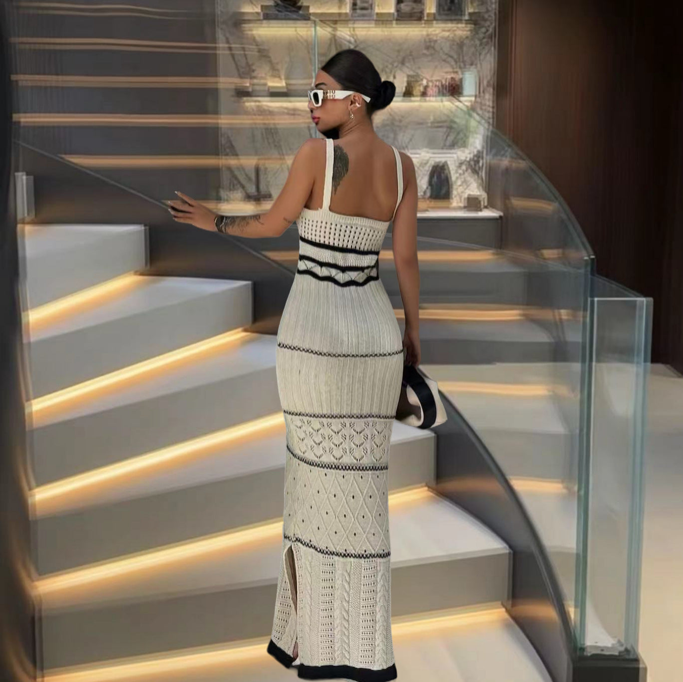 Robe maxi en tricot pour femmes avec motifs au crochet raffinés et fente latérale Chic und Stil