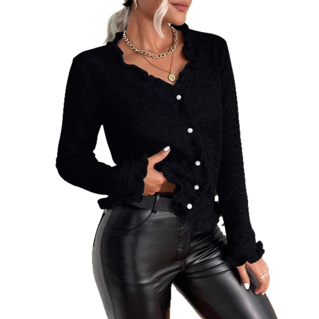 Knit jacket for women with ruffled details and button closure Chic und Stil